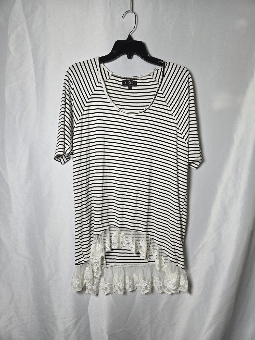 POL Black & White Striped Scoop Neck Tunic with Lace Hem